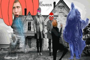 haunted house scene composite image with dancing pumpkin man
