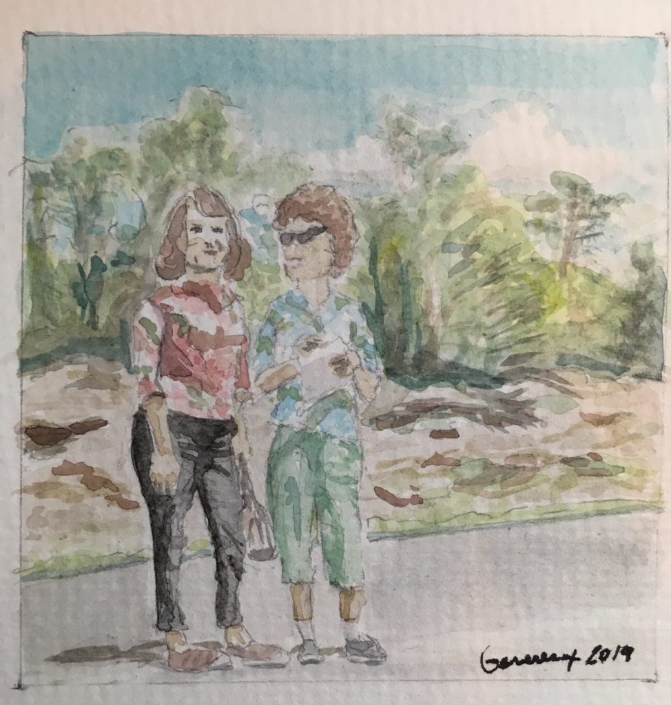 Watercolor painting of two women standing in the road in front of trees