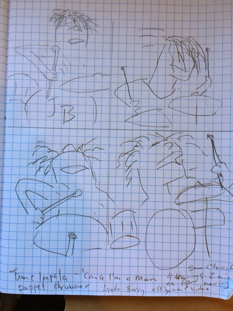 four drawings of a cartoon drummer