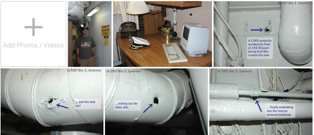 Photo thumbnails of CIWS projectile holes in bulkhead of battleship Missouri.